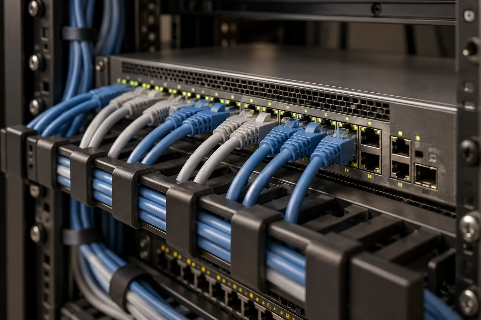 Przełącznik sieciowy i uporządkowane kable Ethernet